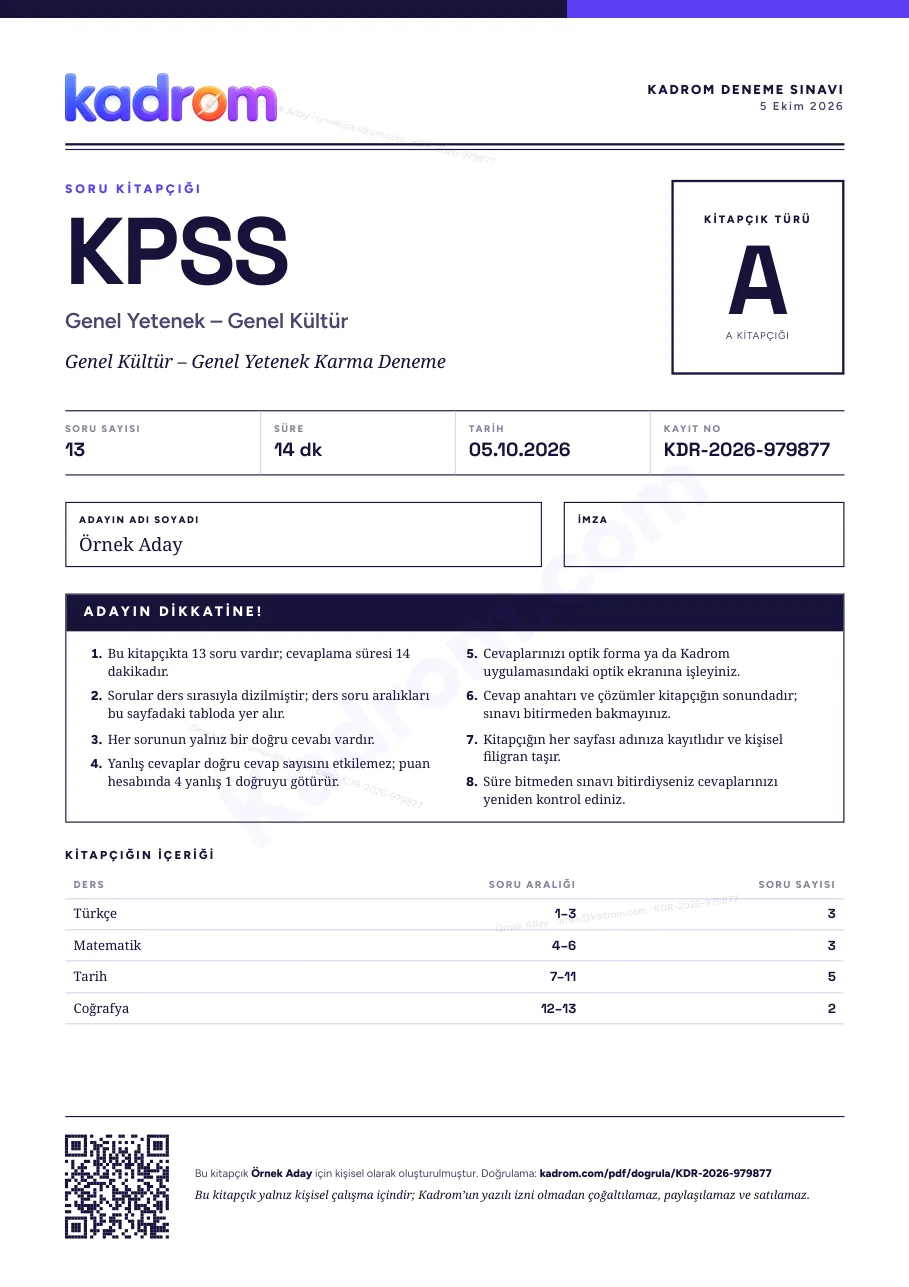 Kadrom PDF oluşturucuyla hazırlanmış KPSS soru kitapçığının kapağı
