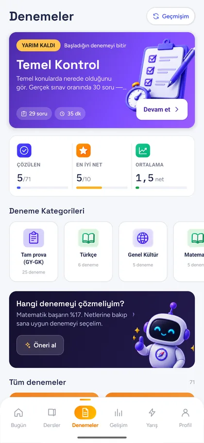 Kadrom KPSS uygulaması — Denemeler ekranı