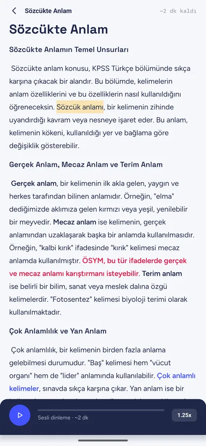 Kadrom KPSS uygulaması — Sesli özet ekranı